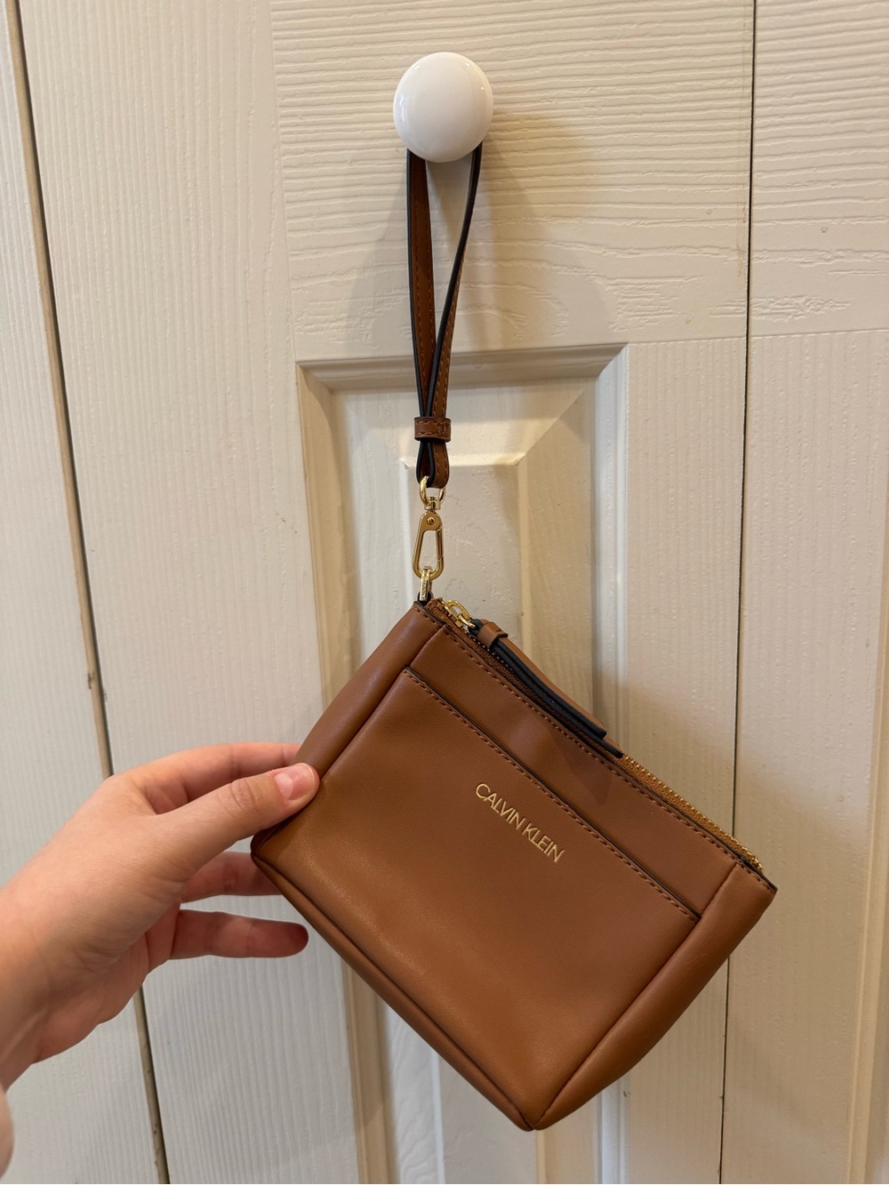 Calvin Klein Tan Leather Wristlet with Gold Hardware